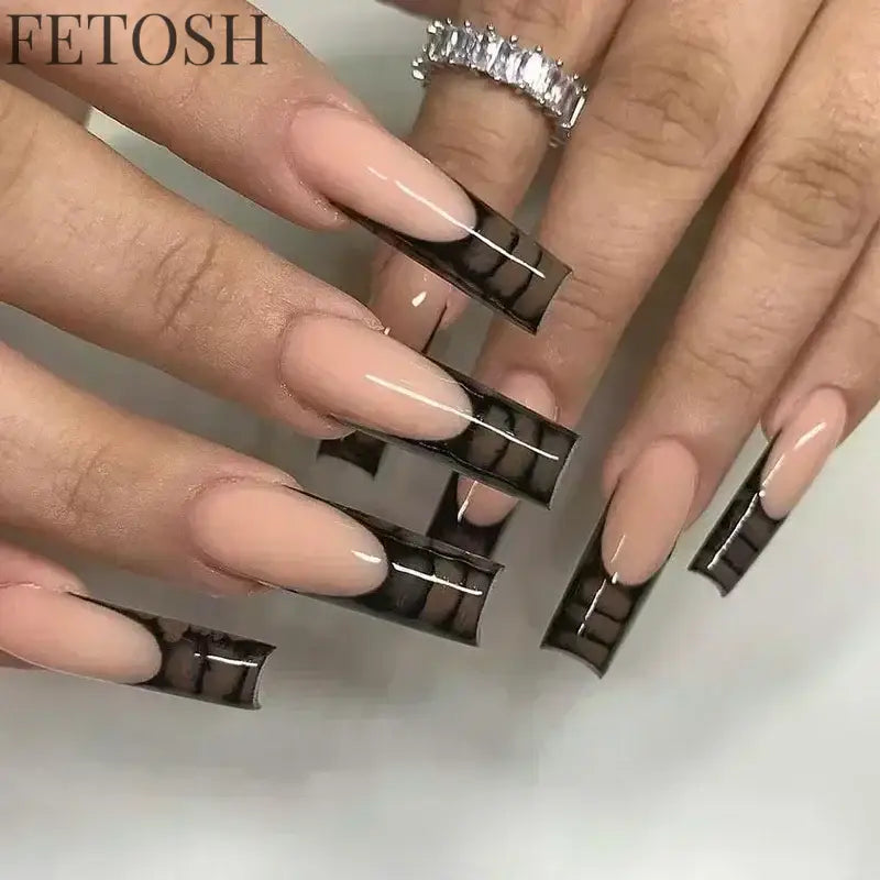 24Pcs 3D Long Ballet False Nails White Coffin Wave with French Design Wearable Fake Nails Gold Line Full Cover Press on Nails