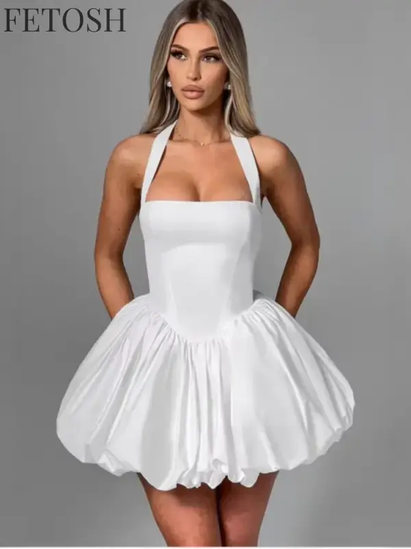 Sexy Lace-up Backless Pleated Halter Mini Dress Women Fashion Off Shoulder Puff Hem A-line Dresses 2025 Summer Lady Partywear