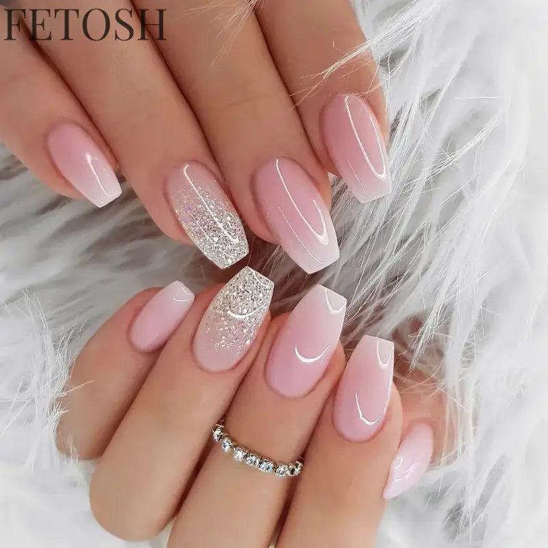 24Pcs Simple Square Head Fake Nail with Jelly Glue Pink White Gradient French Press on False Nails Short Full Cover Nail Tips