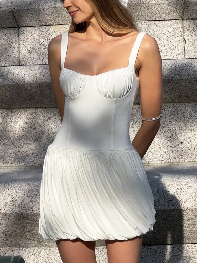 Absobe Women's Spaghetti Strap Puffy Mini Dress Backless V-neck Solid Slim Pleated Bud A-Line Short Dress Birthday Partywear