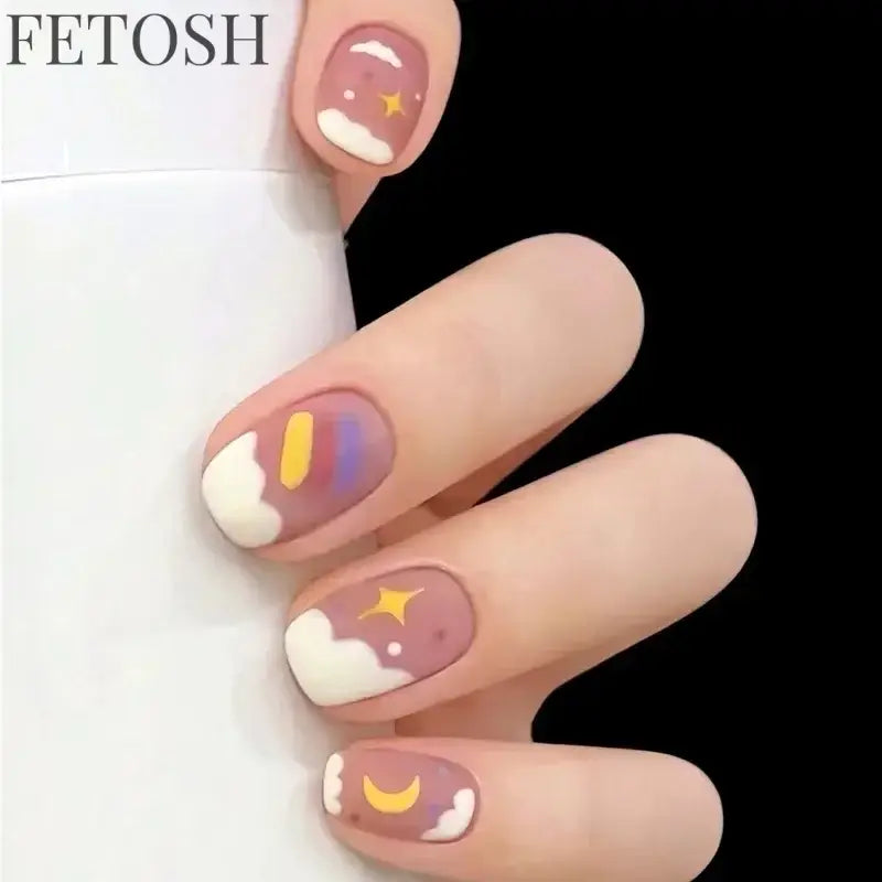 24pcs Short Cute False Nails Polka Dot Star Design Fake Nails Full Coverage Waterproof Removable Artificial Press on Nails