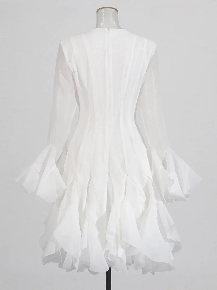 VGH Sweet Ruffles Elegant Knee Length Dresses for Women Round Neck Flare Sleeve High Waist Spliced Button A Line Dress Female