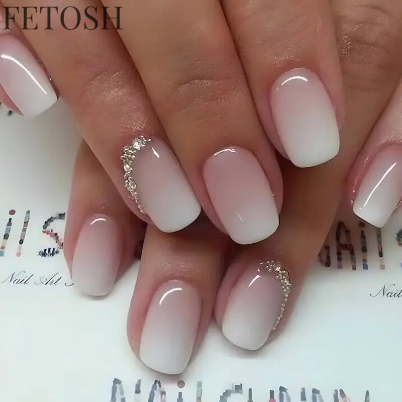 24Pcs Simple Square Head Fake Nail with Jelly Glue Pink White Gradient French Press on False Nails Short Full Cover Nail Tips