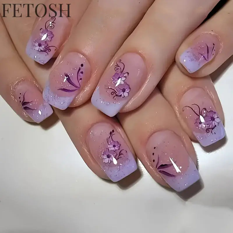 24Pcs Sweet Countryside Flowers False Nails Coffin with Jelly Glue Simple Flower Butterfly French Short Removable Wearable Nails