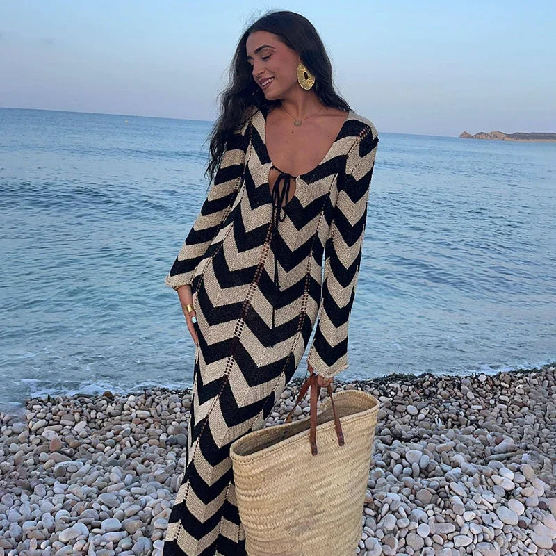 DSMTRC Women's Stripled Long Sleeve Slim Elegant Knitted Maxi Dress V Neck Autumn New Lace Up Hollow Sexy Beach Cover Up Dress