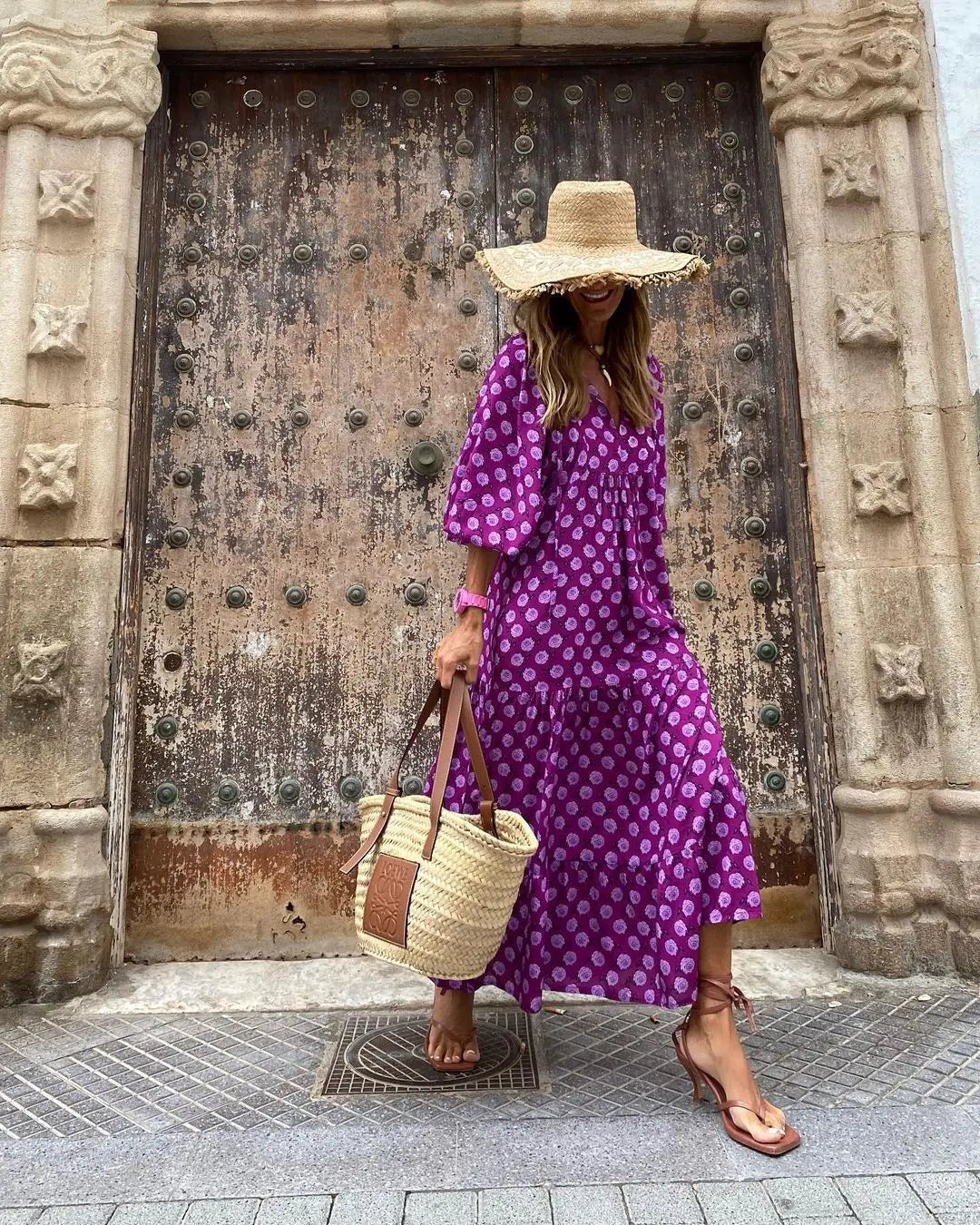 Women Puff Sleeve Boho Maxi Dress Vintage Elegant Fashion Casual Print Floral V-Neck Loose Ladies Holiday Beach Party Vestidos