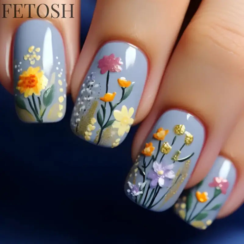 24Pcs Sweet Countryside Flowers False Nails Coffin with Jelly Glue Simple Flower Butterfly French Short Removable Wearable Nails