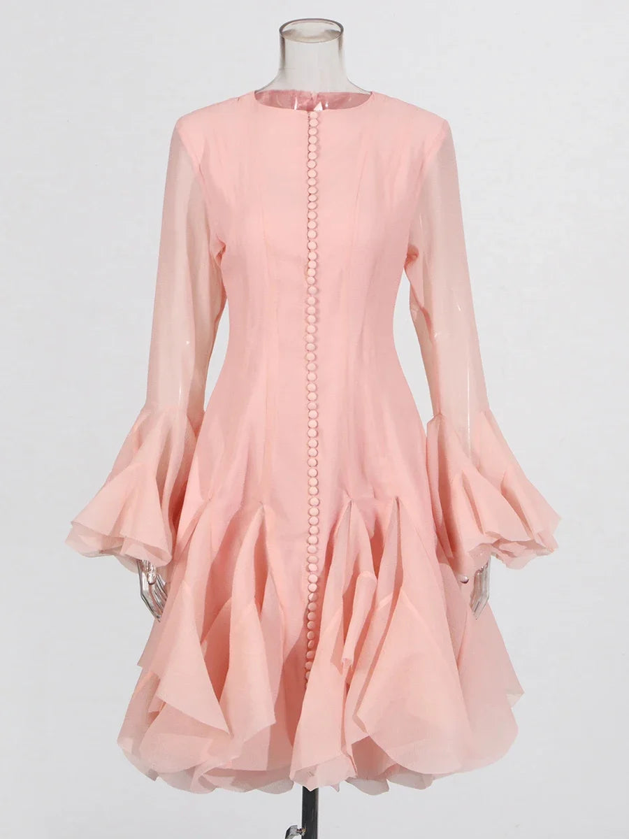 VGH Sweet Ruffles Elegant Knee Length Dresses for Women Round Neck Flare Sleeve High Waist Spliced Button A Line Dress Female