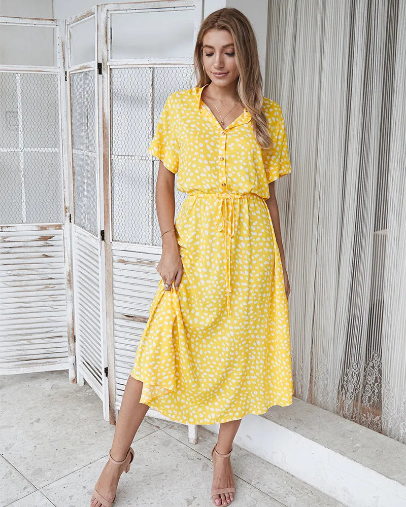 Vintage Floral Print Dress Women Boho Short Sleeve Long Dress Turn Down Collar Casual Waistband Shirt Dresses Robe 2021 Summer