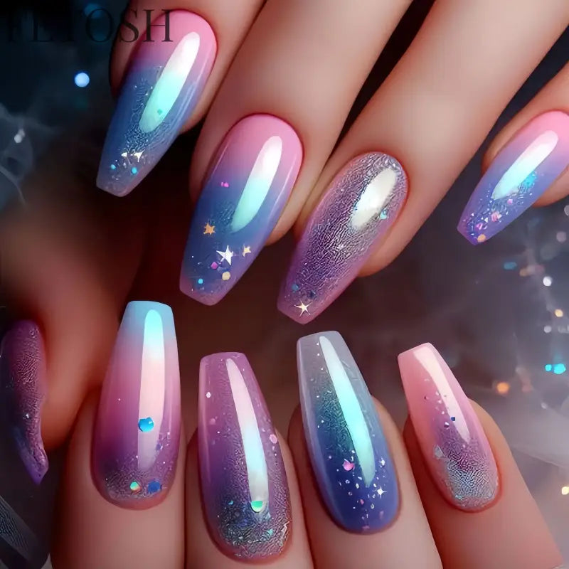 24Pcs Blue False Nails Gradient with French Design Wearable Fake Nails Gradient Short Coffin Full Cover Press on Nail Tips Art