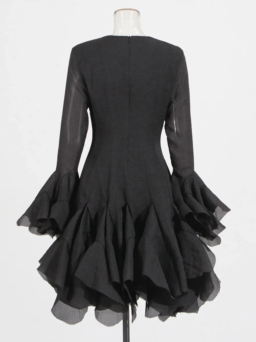 VGH Sweet Ruffles Elegant Knee Length Dresses for Women Round Neck Flare Sleeve High Waist Spliced Button A Line Dress Female