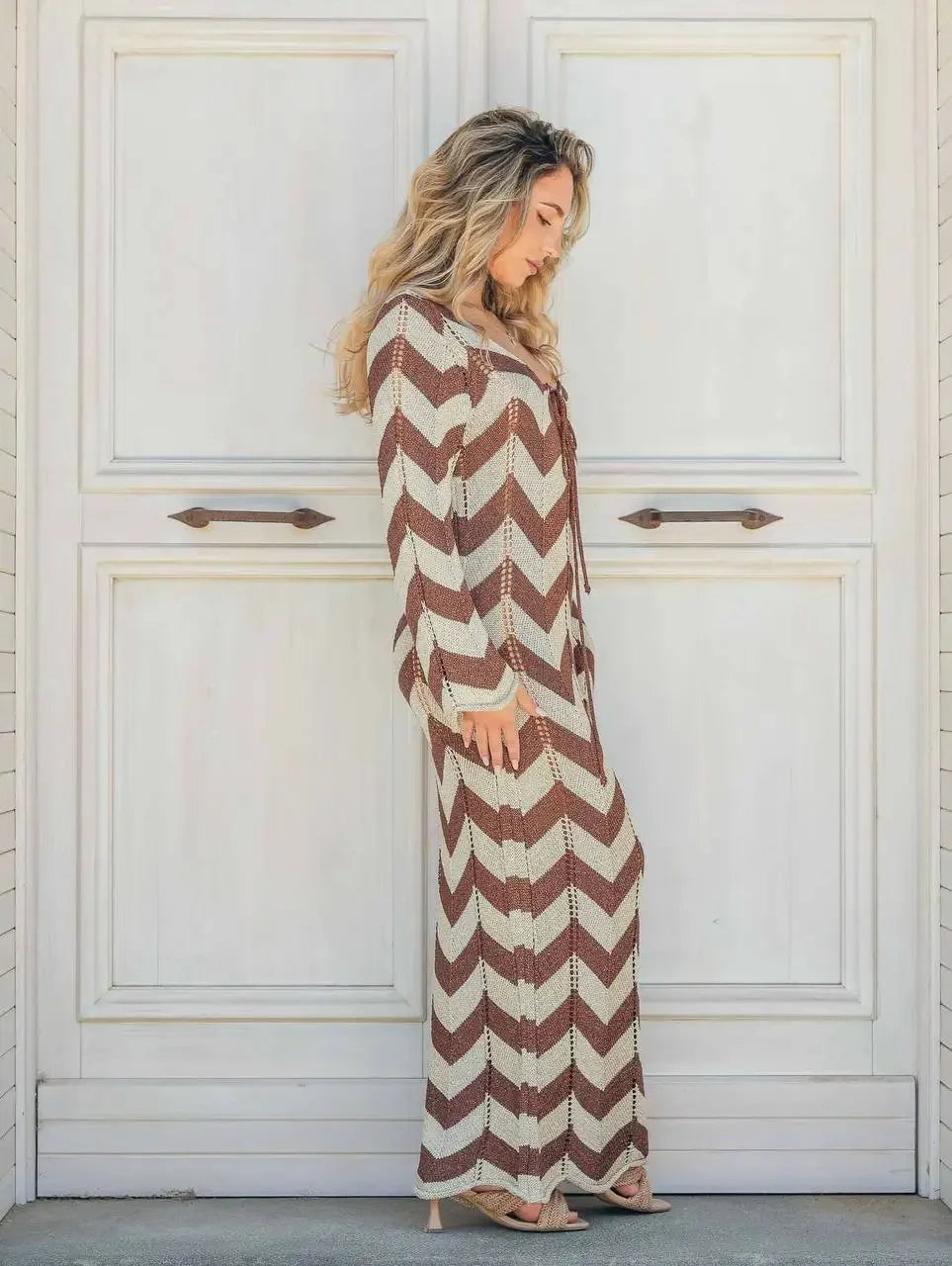 DSMTRC Women's Stripled Long Sleeve Slim Elegant Knitted Maxi Dress V Neck Autumn New Lace Up Hollow Sexy Beach Cover Up Dress