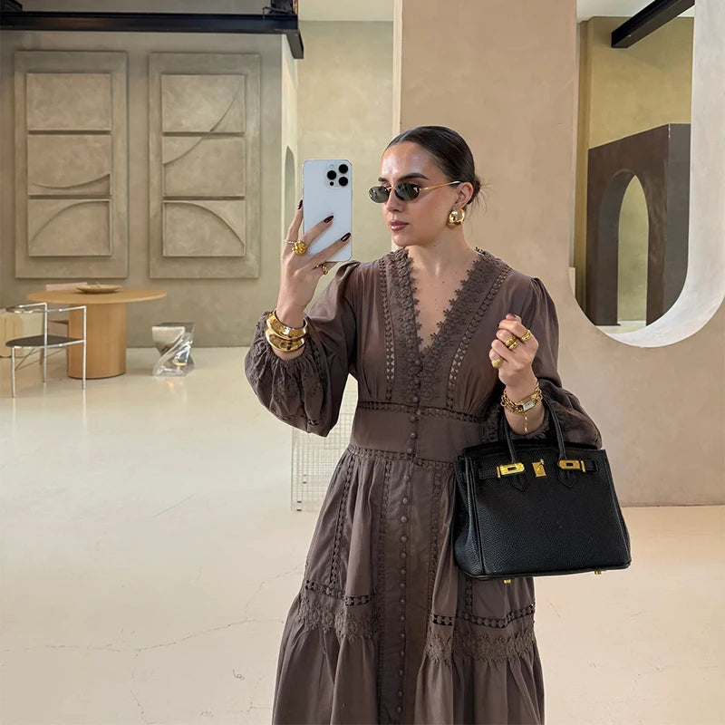 Casual Hollow Out Embroidery Pleated Long Dress Women V-neck Lantern Sleeve Single Breasted Dresses 2025 Summer Lady Chic Robes