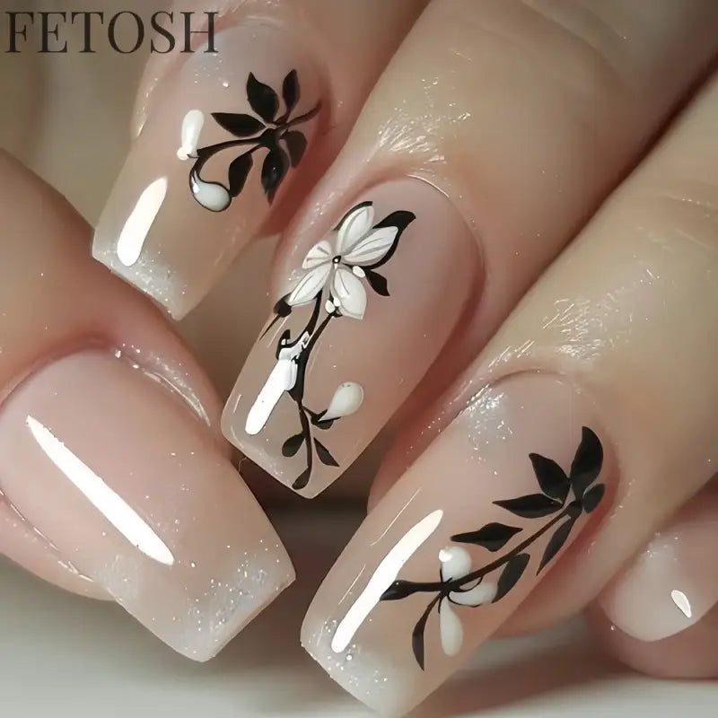 24Pcs Sweet Countryside Flowers False Nails Coffin with Jelly Glue Simple Flower Butterfly French Short Removable Wearable Nails