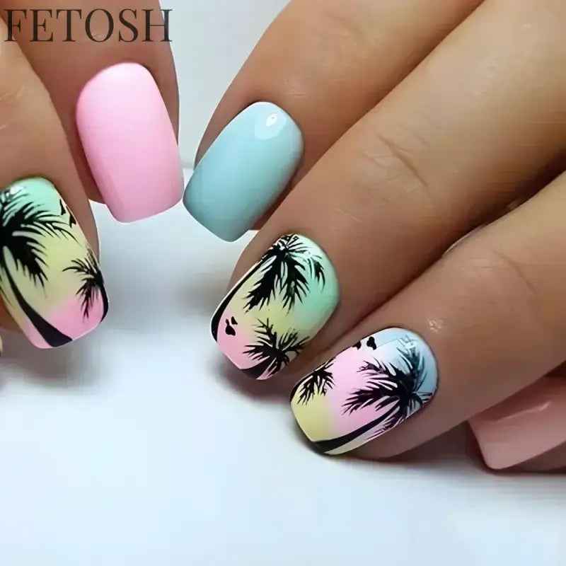 24Pcs Blue False Nails Gradient with French Design Wearable Fake Nails Gradient Short Coffin Full Cover Press on Nail Tips Art