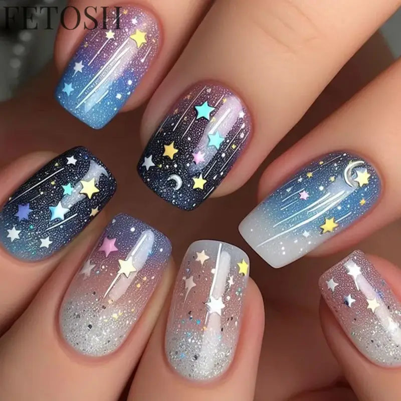 24Pcs Dark Blue Glossy Press on Nails Square False Nail with Glue Color Blending Acrylic Fake Nails Wearable Full Cover Nail Tip