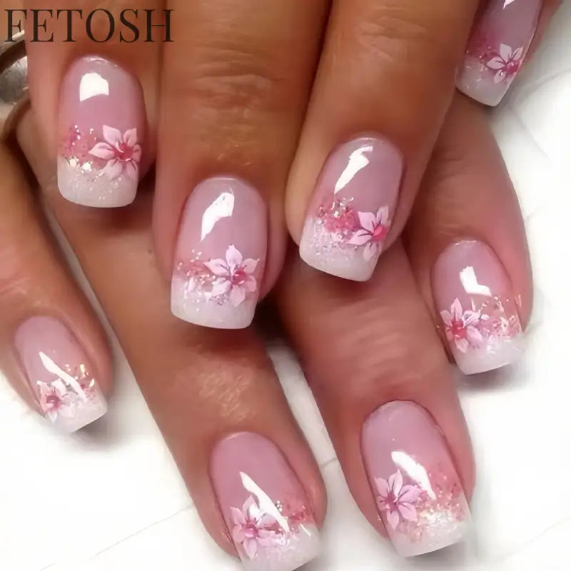 24Pcs Shiny Pearl Wearable False Nails Short Square Fake Nail Simple Summer Press on Nails Detachable Full Cover Nail Tips
