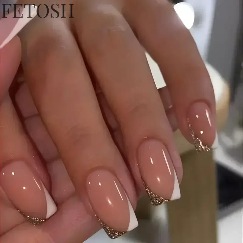 24Pcs Blue False Nails Gradient with French Design Wearable Fake Nails Gradient Short Coffin Full Cover Press on Nail Tips Art