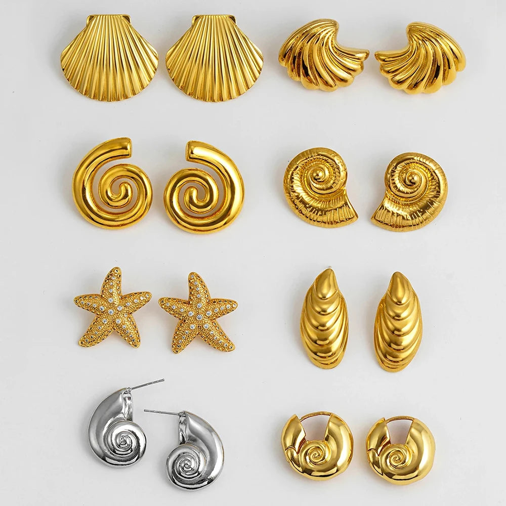 Punk Gold Plated Texture Stainless Steel Snail Conch Shell Earrings for Women Zircon Starfish Earring Summer Beach Jewelry Gifts