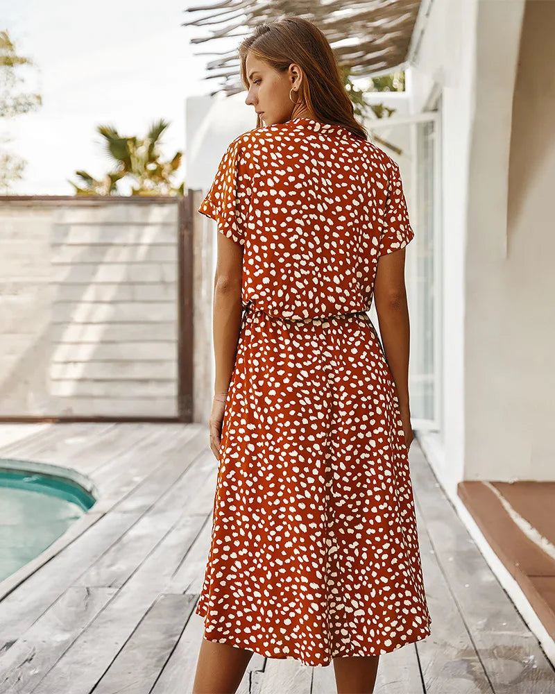 Vintage Floral Print Dress Women Boho Short Sleeve Long Dress Turn Down Collar Casual Waistband Shirt Dresses Robe 2021 Summer