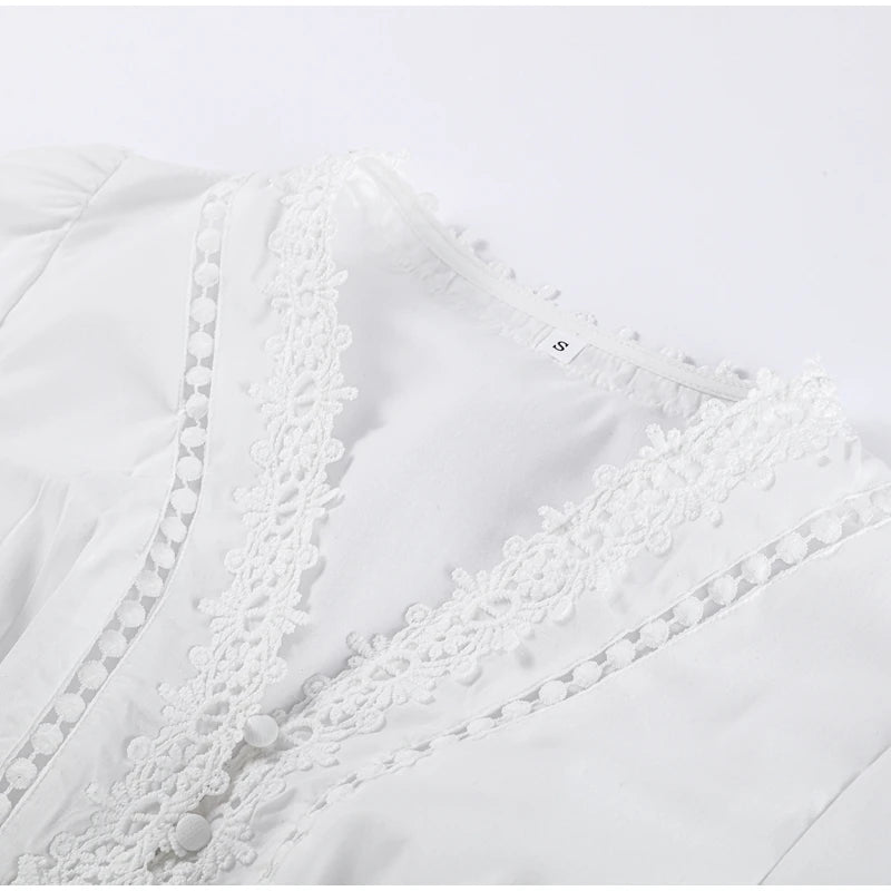 Casual Hollow Out Embroidery Pleated Long Dress Women V-neck Lantern Sleeve Single Breasted Dresses 2025 Summer Lady Chic Robes