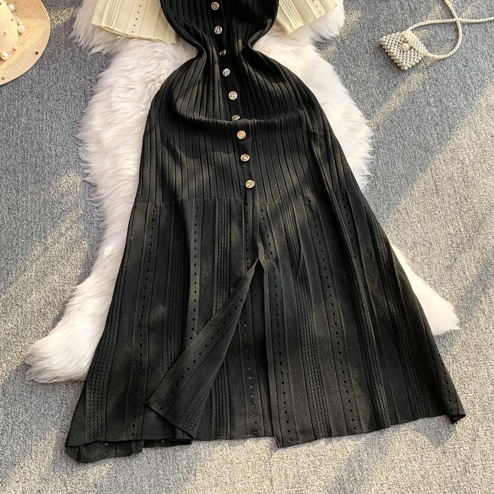 YuooMuoo Women Dress 2025 Spring and Summer Elegant Patchwork One-Piece Knitted Maxi Dress Office Lady Slim Waist Sweater Dress