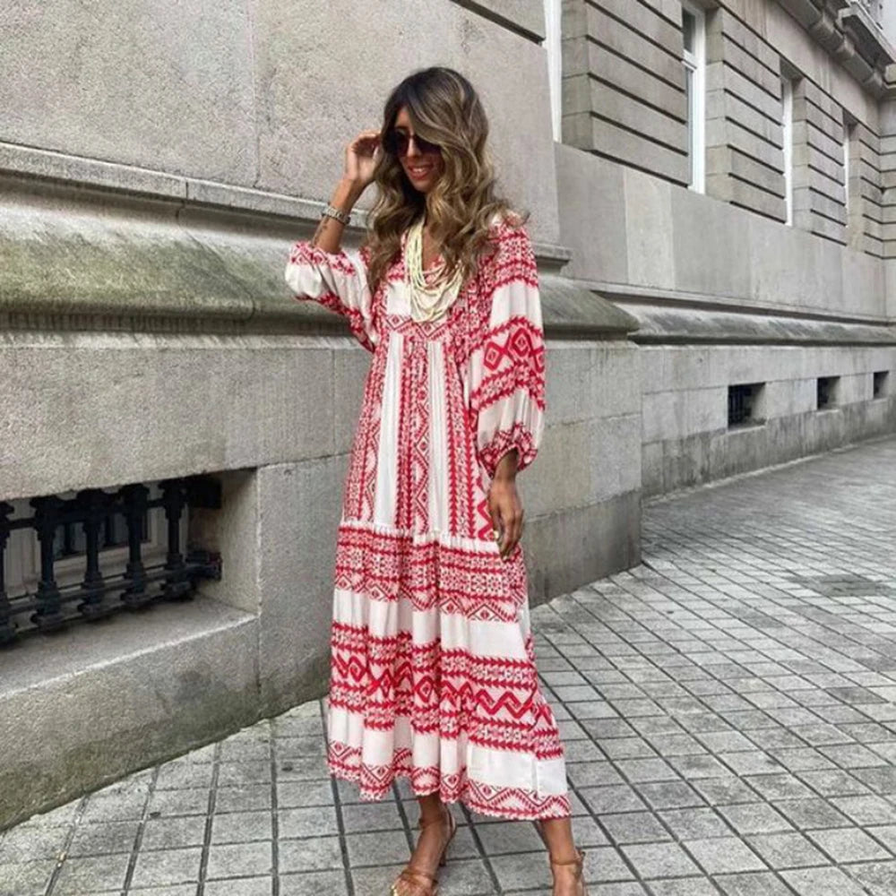 Women Puff Sleeve Boho Maxi Dress Vintage Elegant Fashion Casual Print Floral V-Neck Loose Ladies Holiday Beach Party Vestidos
