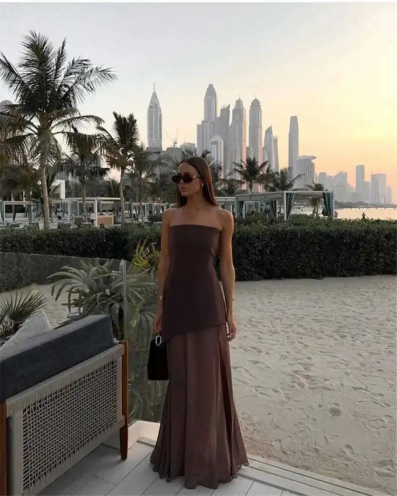 Mozision Elegant Strapless Sexy Maxi Dress For Women Gown With Scarf Off-shoulder Sleeveless Backless Split Beach Long Dress