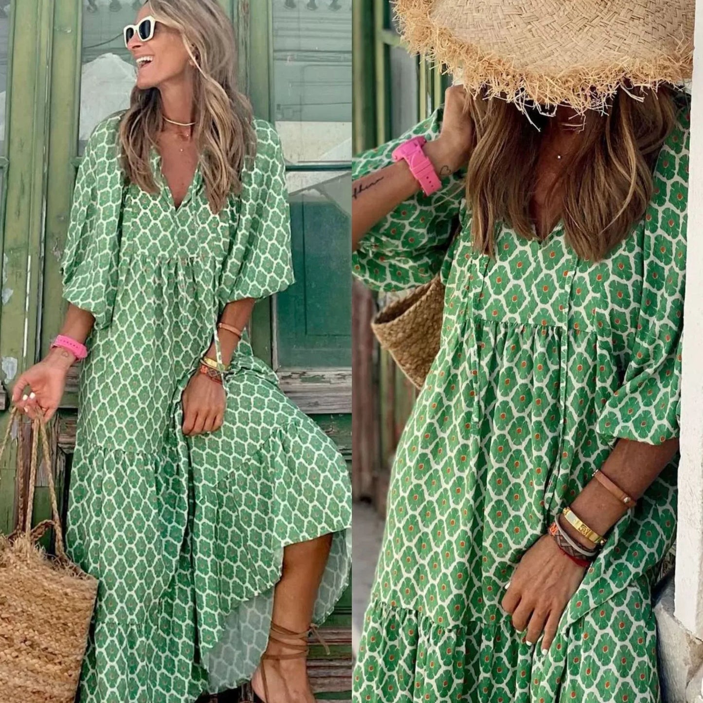 Women Puff Sleeve Boho Maxi Dress Vintage Elegant Fashion Casual Print Floral V-Neck Loose Ladies Holiday Beach Party Vestidos