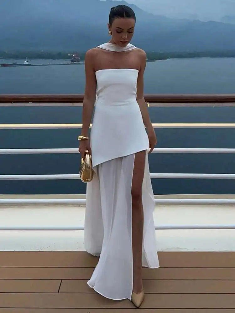 Mozision Elegant Strapless Sexy Maxi Dress For Women Gown With Scarf Off-shoulder Sleeveless Backless Split Beach Long Dress