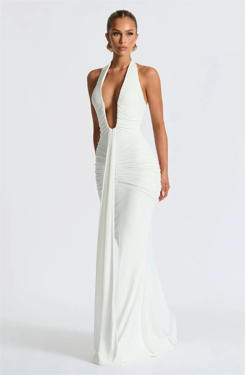 Mozision Deep V Neck Backless Ruched Sexy Maxi Dress Women Gown Summer Halter Sleeveless Draped Club Party Long Dress 2025