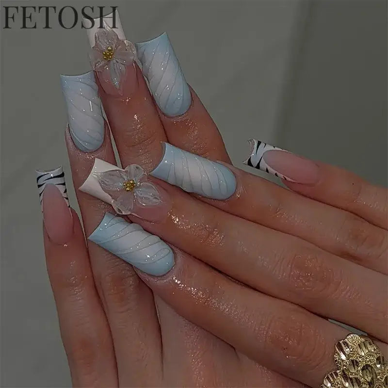 24Pcs 3D Long Ballet False Nails White Coffin Wave with French Design Wearable Fake Nails Gold Line Full Cover Press on Nails