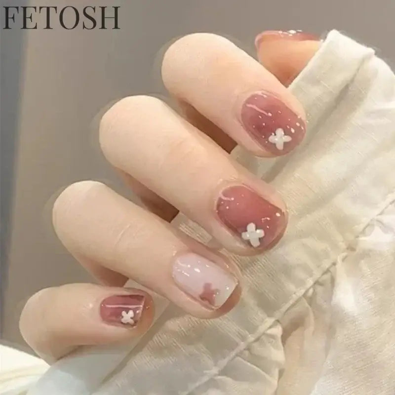 24pcs Short Cute False Nails Polka Dot Star Design Fake Nails Full Coverage Waterproof Removable Artificial Press on Nails