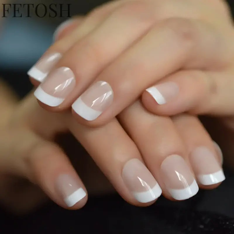 Classical Normal Size French Nail Nude White Tip Glossy Press On Fingernals for daily with glue sticker 24