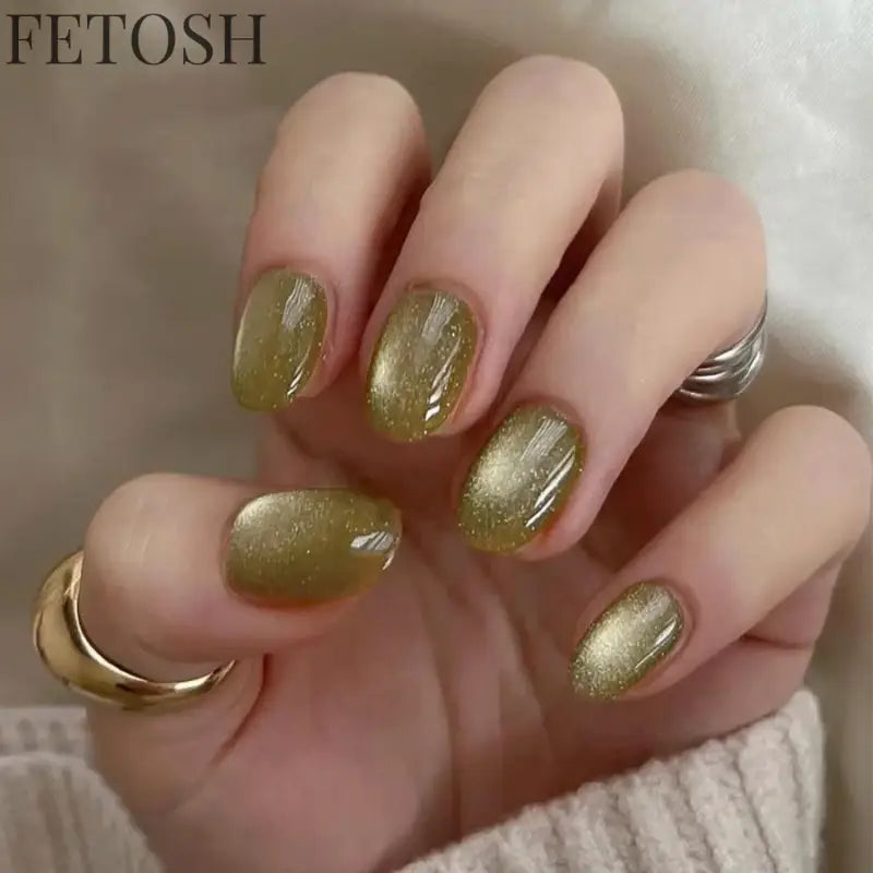 Sparkling Pink Blue Green Gem Cat Eye Nail Art Fashion Glossy Fake Nail Detachable Finished False Nails Press on Nails with Glue