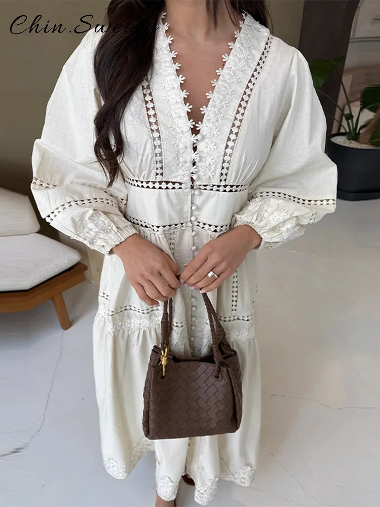 Casual Hollow Out Embroidery Pleated Long Dress Women V-neck Lantern Sleeve Single Breasted Dresses 2025 Summer Lady Chic Robes
