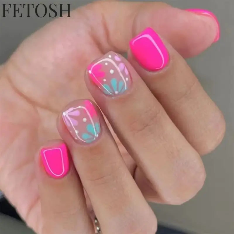 24Pcs Simple Square False Nails Short French Fake Nails Press on Colorful Flowers Design Full Cover Nail Tips Manicure Tools