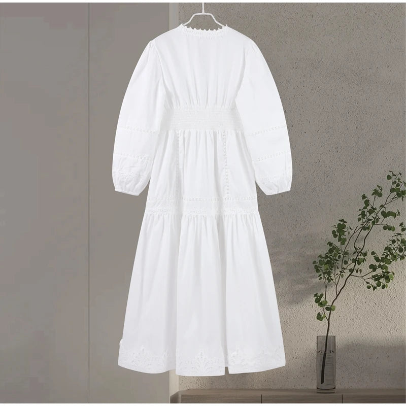 Casual Hollow Out Embroidery Pleated Long Dress Women V-neck Lantern Sleeve Single Breasted Dresses 2025 Summer Lady Chic Robes
