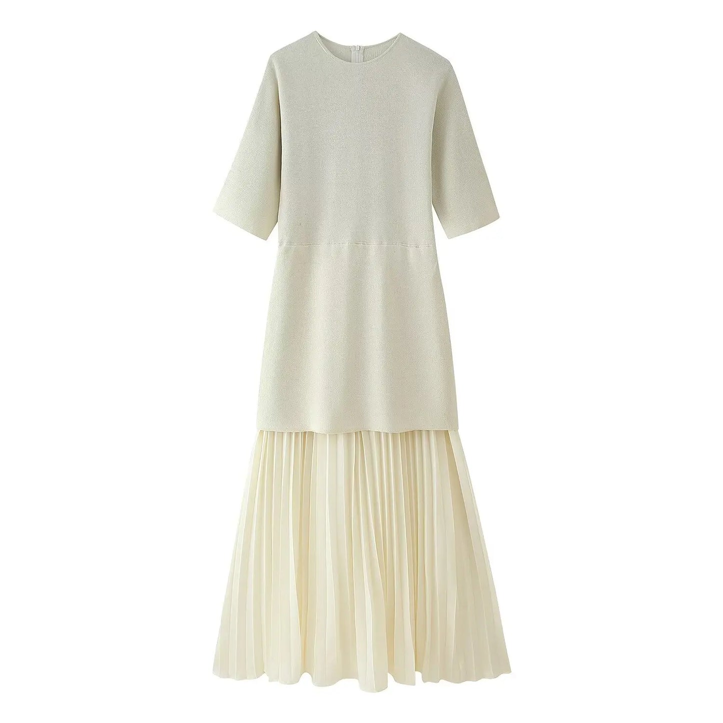 TRAFZA Women Elegant Half Sleeves O-Collar Pleated Dress Spring Woman Rear Zipper Splicing Vintage Casual Knitted Long Dress