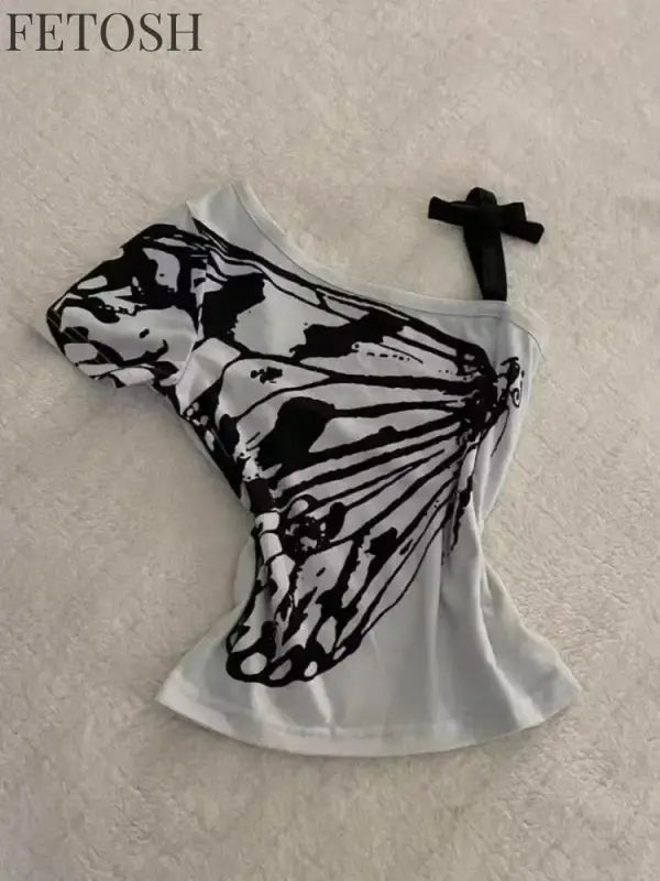 Y2K Retro Street Print T-shirt Fashion Streetwear Halter Neck Fake Two Piece Harajuku 2024 Summer Casual T-Shirt Women Clothes