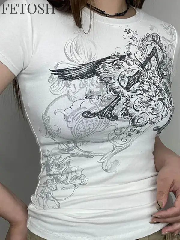 Retro Graphic Crop Top White Short Sleeve O Neck Casual T Shirt for Women y2k Aesthetic Vintage Basic Tees Ladies Clothes