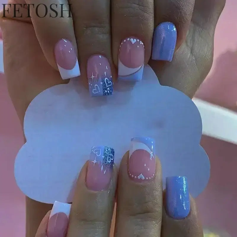 24Pcs Medium Short Square False Nails Glittering Nail Art White Wearable Fake Nail Silver French Full Cover Press on Nail Tips