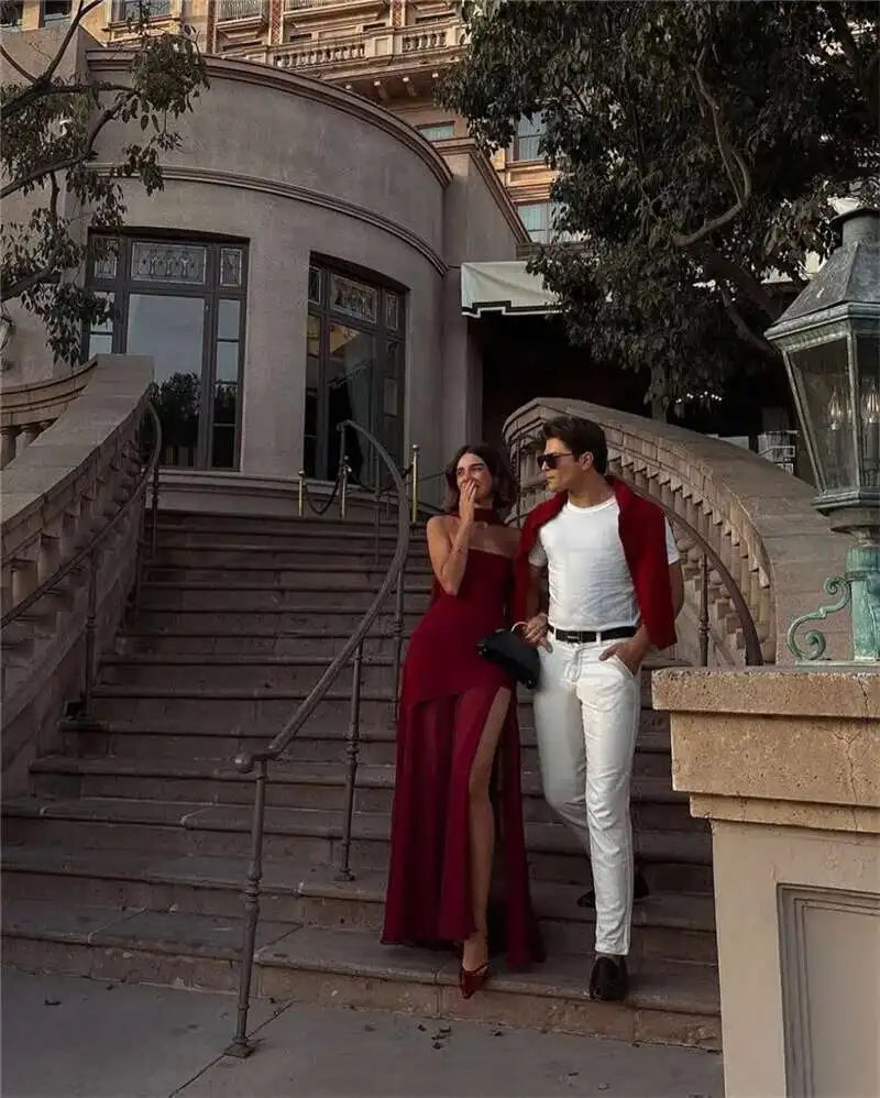 Mozision Elegant Strapless Sexy Maxi Dress For Women Gown With Scarf Off-shoulder Sleeveless Backless Split Beach Long Dress