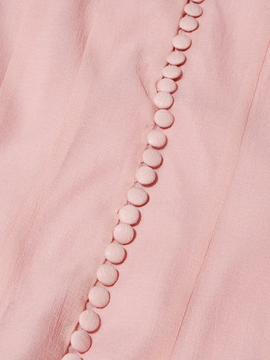 VGH Sweet Ruffles Elegant Knee Length Dresses for Women Round Neck Flare Sleeve High Waist Spliced Button A Line Dress Female
