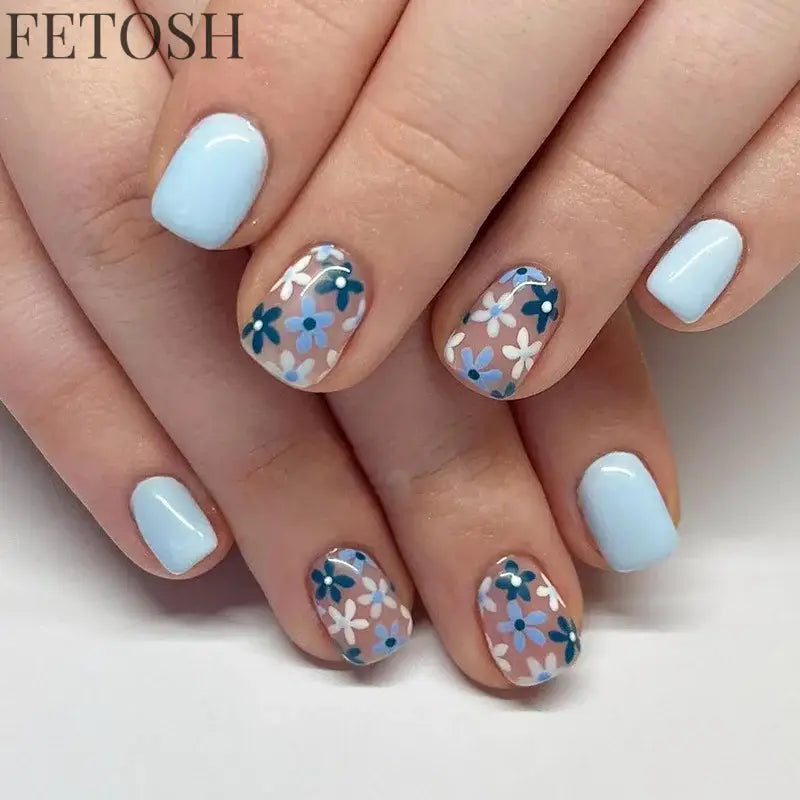 24Pcs Simple Square False Nails Short French Fake Nails Press on Colorful Flowers Design Full Cover Nail Tips Manicure Tools