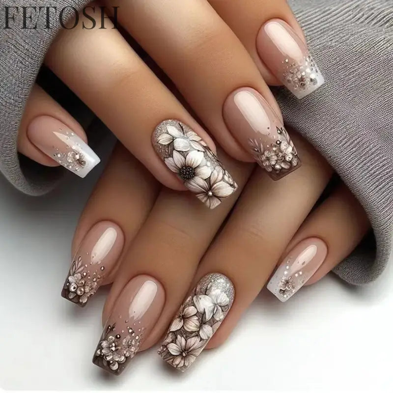 24Pcs Sweet Countryside Flowers False Nails Coffin with Jelly Glue Simple Flower Butterfly French Short Removable Wearable Nails