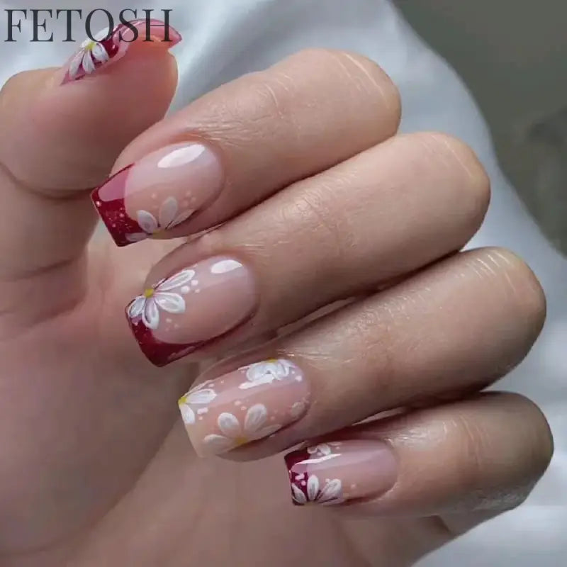 24Pcs Simple Square False Nails Short French Fake Nails Press on Colorful Flowers Design Full Cover Nail Tips Manicure Tools