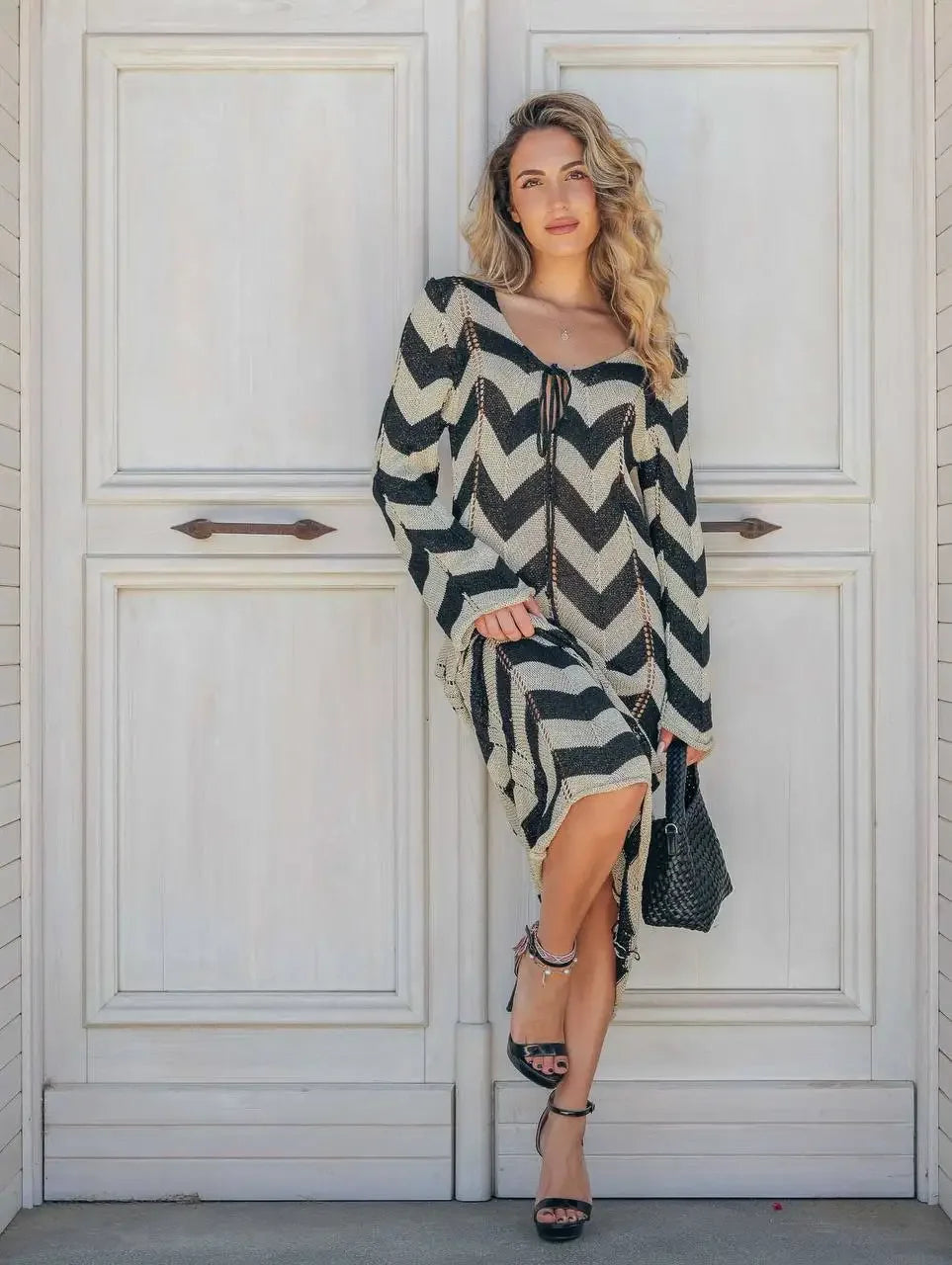 DSMTRC Women's Stripled Long Sleeve Slim Elegant Knitted Maxi Dress V Neck Autumn New Lace Up Hollow Sexy Beach Cover Up Dress
