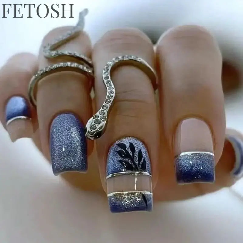 24Pcs Glossy Square Fake Nails Set Gold Powder Full Cover French False Nails Glitter Vintage Press on Acrylic Nail Manicure Tips