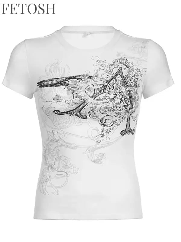 Retro Graphic Crop Top White Short Sleeve O Neck Casual T Shirt for Women y2k Aesthetic Vintage Basic Tees Ladies Clothes